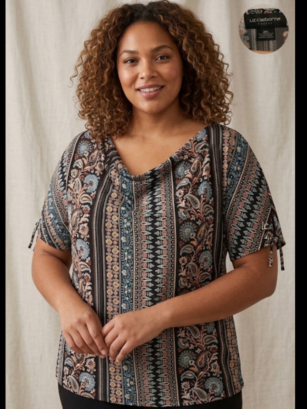 Liz Claiborne Black Multicolor Paisley Short Sleeve Top Women's Size XXL EUC